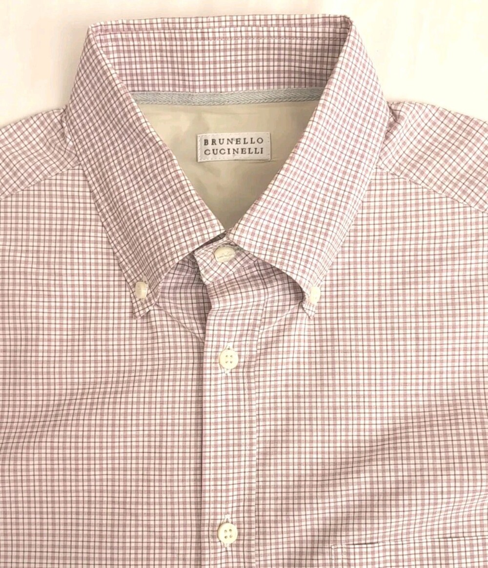 Brunello Cucinelli Mens Button Up Long Sleeve Pink&White Dress Shirt Size Medium
